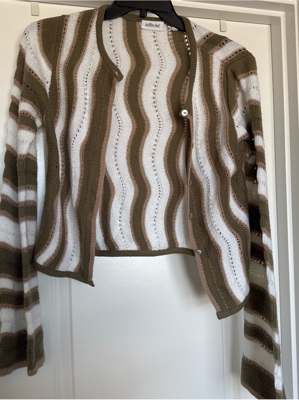 Stripe Button-Front Cardigan - White, Olive & Tan